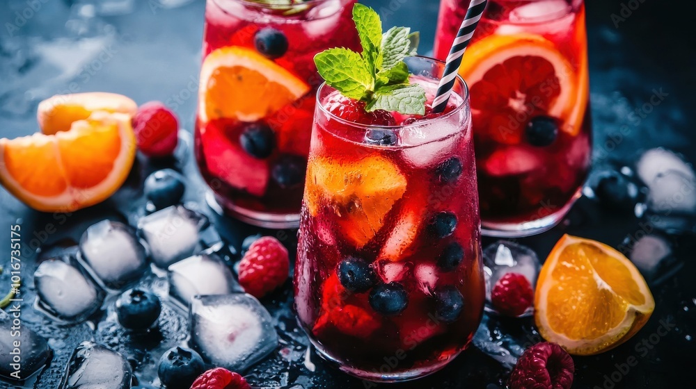 Colorful Summer Sangria with Ice and Fruit Colorful Summer Sangria with Ice and Fruit