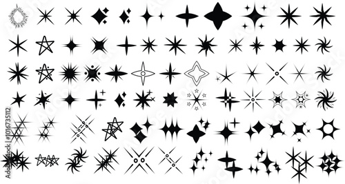 Trendy geometric brutalism Y2k elements Set for T-Shirt and logo design. Contains Retro futuristic elements and sparkle.