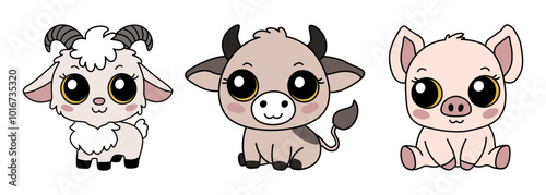 Set of three zodiac animals. Chinese New Year signs icons - goat, ox, pig. Asian kawaii cute style isolated illustration of mascots. Handdrawn vector illustration isolated on white background.