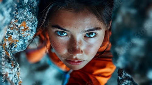 Determined Native American Female Climbing Rugged Rock Face in the Wilderness