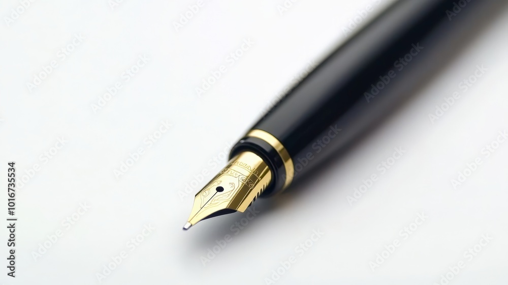 Elegant black and gold fountain pen with a smooth nib captured in close-up, highlighting the luxury and sophistication of fine writing instruments. Elegant black and gold fountain pen with a smooth nib captured in close-up, highlighting the luxury and sophistication of fine writing instruments.