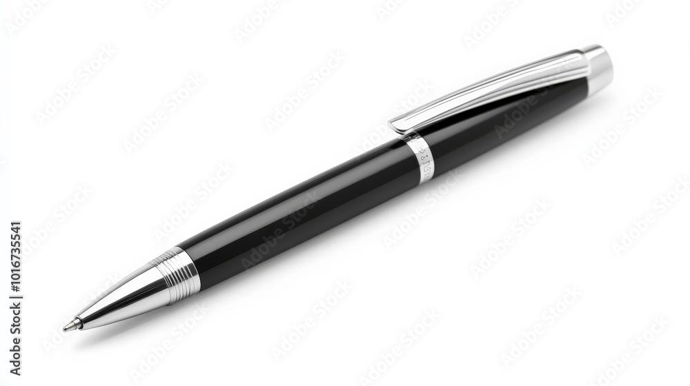 Elegant black ballpoint pen with silver accents isolated on white background, ideal for professional writing and office use. Elegant black ballpoint pen with silver accents isolated on white background, ideal for professional writing and office use.