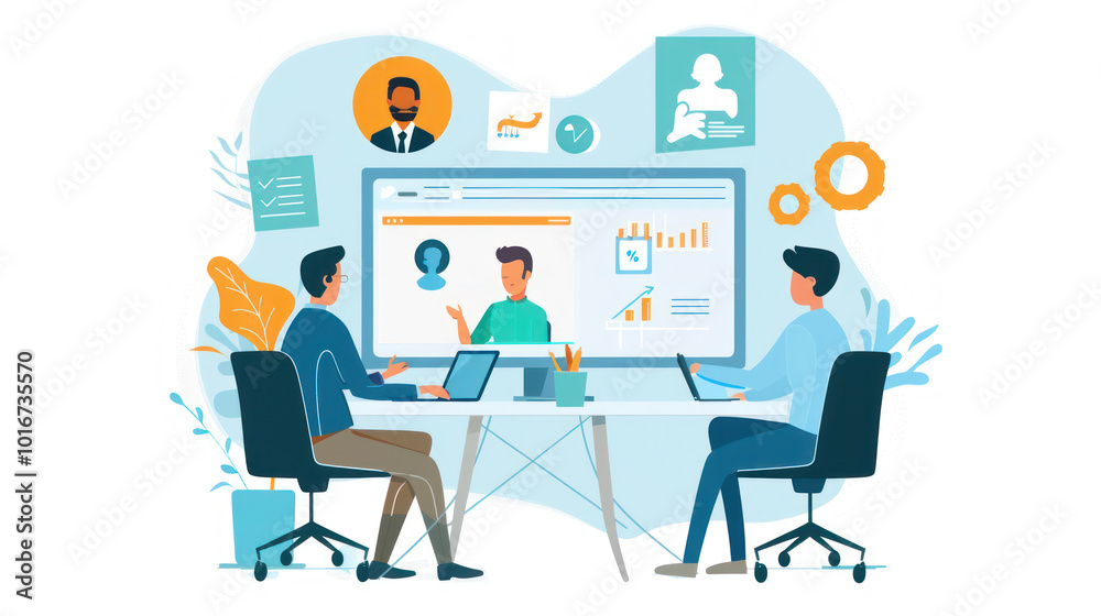 A virtual team manager conducting a weekly video call, discussing progress, setting goals, and addressing challenges with team members. A virtual team manager conducting a weekly video call, discussing progress, setting goals, and addressing challenges with team members.