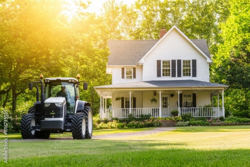 A tractor parked near a charming farmhouse, basking in the bright afternoon light. The rustic beauty of the farmhouse complements the agricultural setting