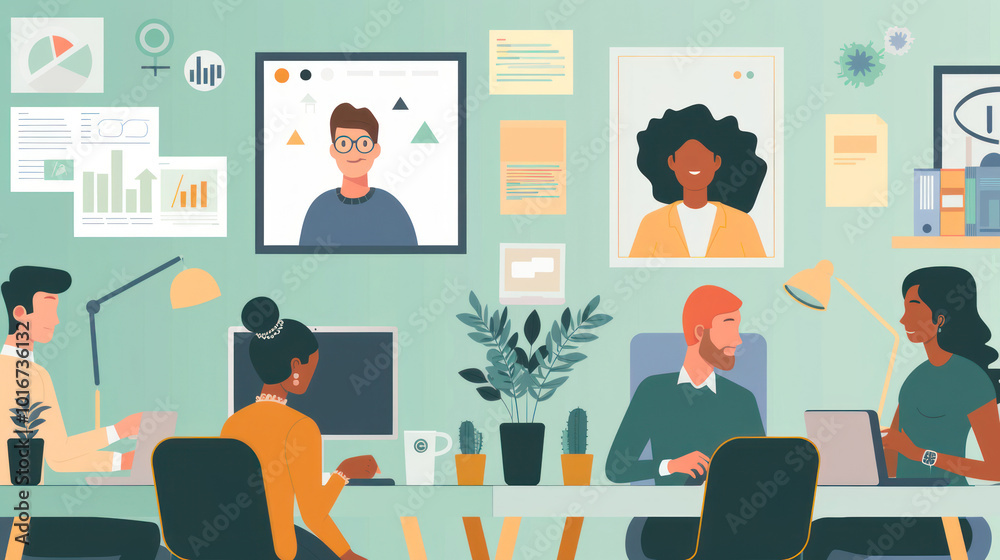 A virtual training session where remote employees learn best practices for working in a distributed team, improving both efficiency and communication. A virtual training session where remote employees learn best practices for working in a distributed team, improving both efficiency and communication.