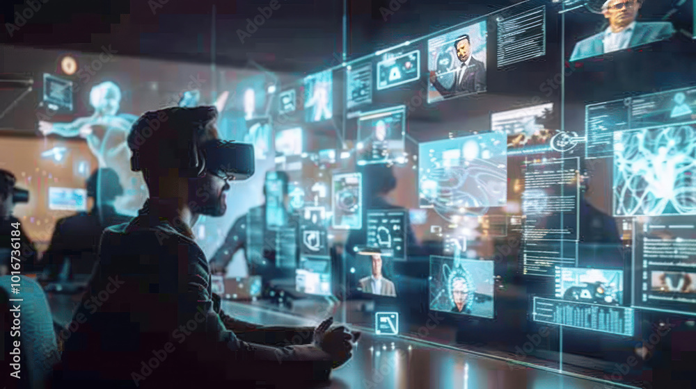 A virtual workplace where employees from around the world collaborate using holographic interfaces, virtual whiteboards, and real-time communication tools. A virtual workplace where employees from around the world collaborate using holographic interfaces, virtual whiteboards, and real-time communication tools.