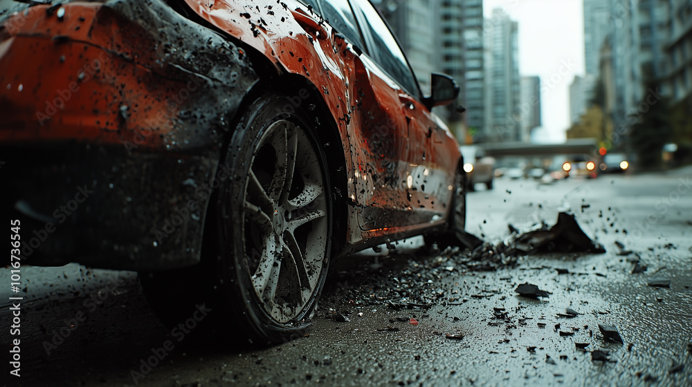 Close up of a car accident with a city in the background Close up of a car accident with a city in the background