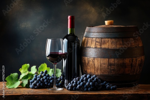 Wine bottle and glass resting on wooden table with grapes and barrel