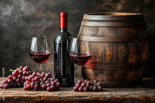 Bottle and glasses of red wine standing on wooden table with grapes and barrel