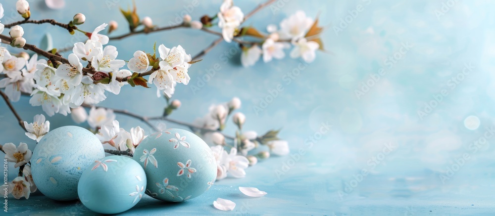 Spring Sakura and Painted Easter Eggs on Light Blue Background Spring Sakura and Painted Easter Eggs on Light Blue Background