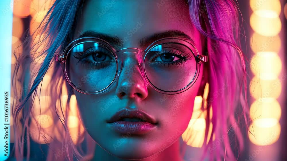 Young woman showcasing urban style while posing amidst neon lights