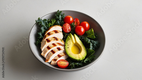 Grilled Chicken Salad with Cherry Tomatoes, Avocado, and Kale in Elegant Gray Ceramic Bowl - Fresh & Healthy Meal photo