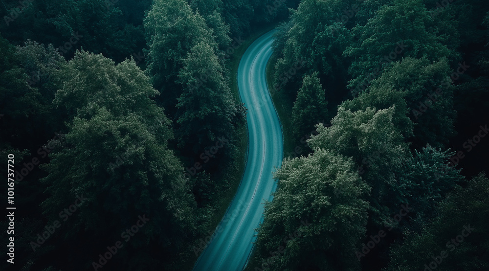 Aerial view of an asphalt road through an green forest, lush trees. AI generation. Aerial view of an asphalt road through an green forest, lush trees. AI generation.