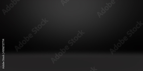 Fototapeta Naklejka Na Ścianę i Meble -  Empty black studio bg for product show. 3d render illustration of dark grey room podium background with floor and wall. Simple scene with surface for goods presentation and black friday banner.
