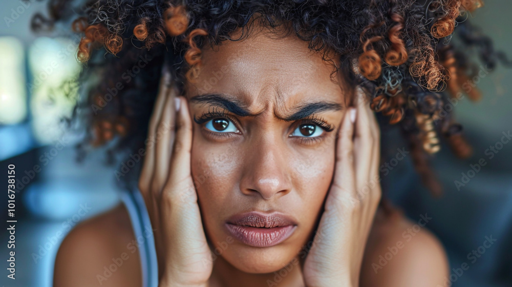 Frustrated woman with hands on her head showing stress and anxiety Frustrated woman with hands on her head showing stress and anxiety
