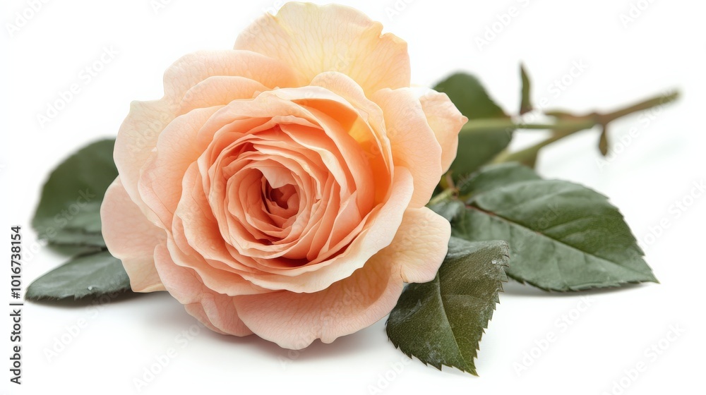 Elegant peach rose with lush green leaves on a white background, showcasing nature's delicate beauty in a classic and timeless style.