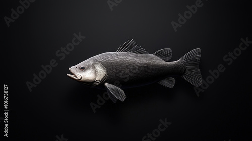 realistic depiction of fish showcasing its detailed features and textures against dark background. fish appears lifelike, emphasizing its scales and fins photo