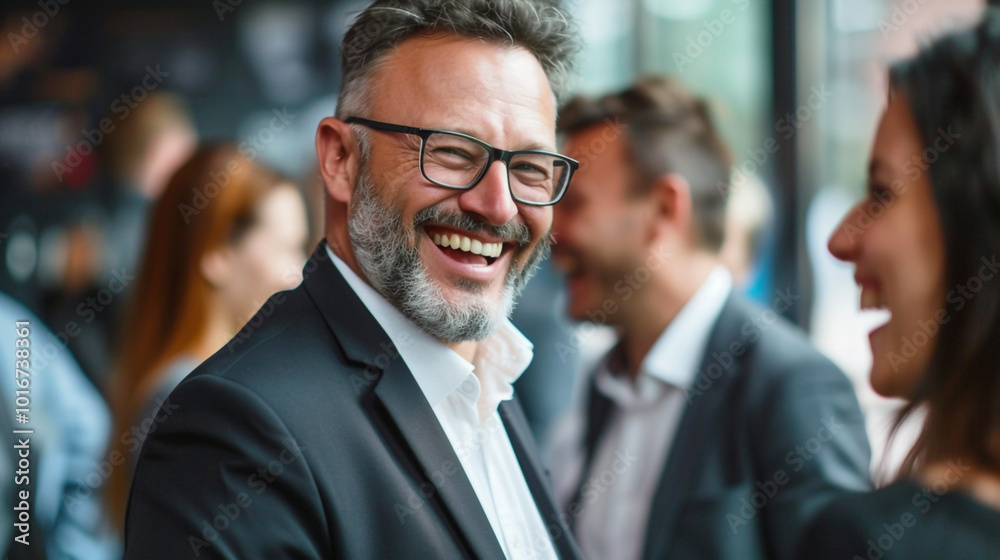 Businessmen laughing and conversing at a corporate event in a modern office setting Businessmen laughing and conversing at a corporate event in a modern office setting