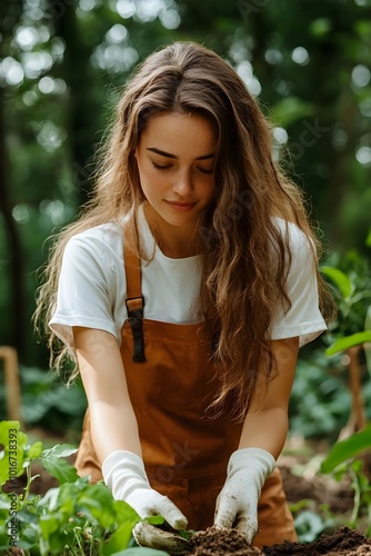 Young Female Gardener Tending to Plants in Lush Outdoor Environment