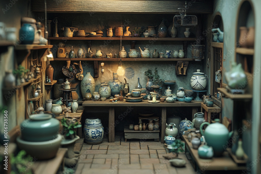 A cozy and detailed room for someone who likes to make pottery or a potter A cozy and detailed room for someone who likes to make pottery or a potter