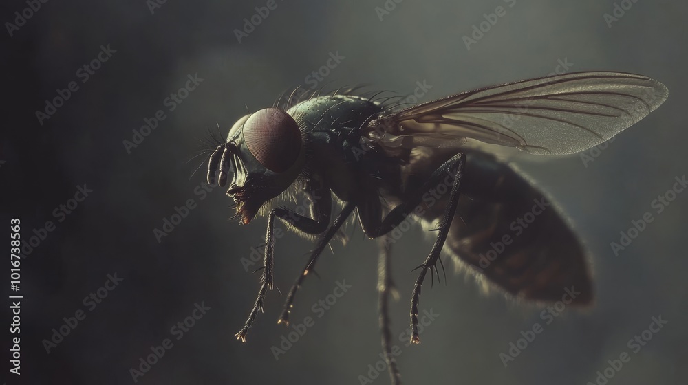 A detailed close-up of a housefly with large red eyes sitting on a textured outdoor surface, highlighting its intricate features and nature's details.. A detailed close-up of a housefly with large red eyes sitting on a textured outdoor surface, highlighting its intricate features and nature's details..