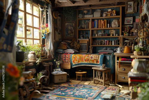 It is a cozy and detailed room with lots of cool stuff and furniture