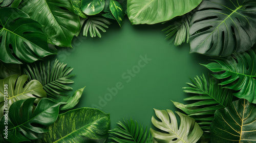 Lush green leaves frame vibrant green background, creating serene and tropical atmosphere. This composition is perfect for nature themed designs or eco friendly projects