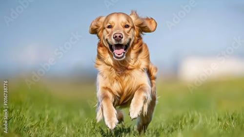 joyful golden retriever runs freely across green field, showcasing its playful spirit and vibrant energy. dogs fur shines in sunlight, creating heartwarming scene photo