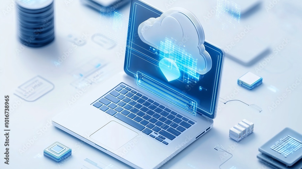 Futuristic scene of cloud computing concept with a laptop, showcasing digital technology and data storage innovation. Futuristic scene of cloud computing concept with a laptop, showcasing digital technology and data storage innovation.