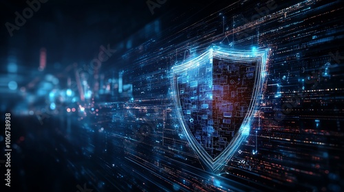 Futuristic digital shield representing advanced cybersecurity protection in a networked digital world with glowing blue tones.