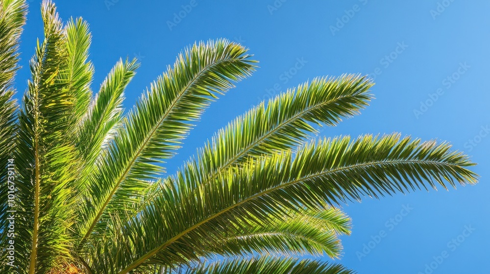 Palm tree fronds reaching upward toward the sky, their vibrant green leaves highlighted against the clear blue of a sunny day Palm tree fronds reaching upward toward the sky, their vibrant green leaves highlighted against the clear blue of a sunny day
