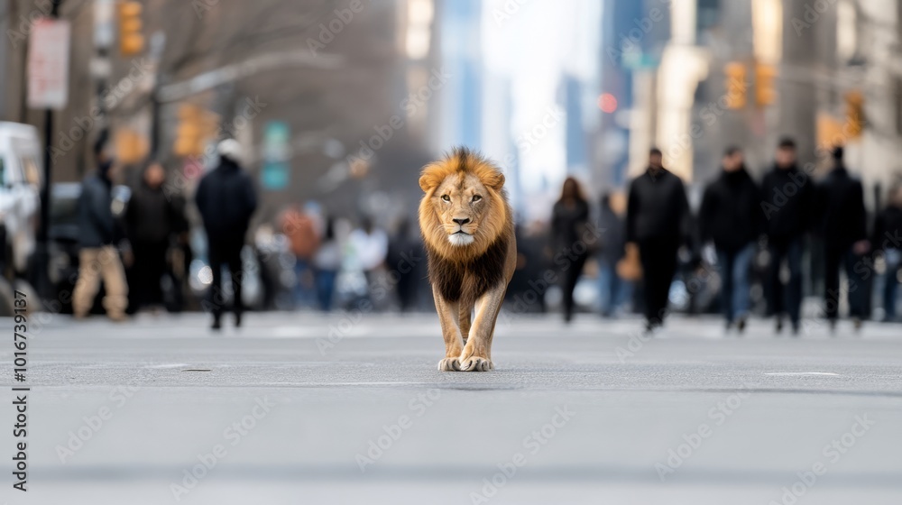 Lion walking confidently through crowded city street. Lion walking confidently through crowded city street.