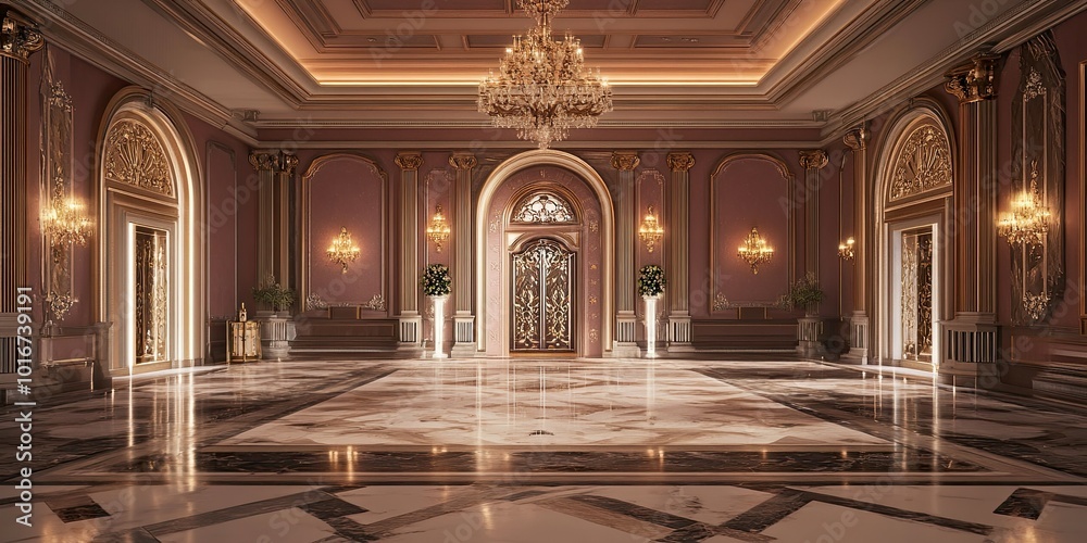 Obraz premium luxury mauve hotel ballroom with wooden intricate royal carving wall and elegant marble floor