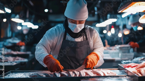 fishmonger skillfully prepares fresh fish in bustling market, wearing protective gear and focused on task. atmosphere is vibrant and lively, showcasing art of seafood preparation photo