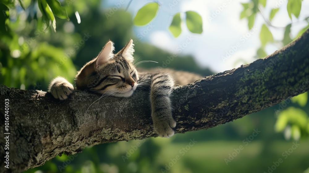 Cute kitten resting on tree branch in sunlight. Cute kitten resting on tree branch in sunlight.