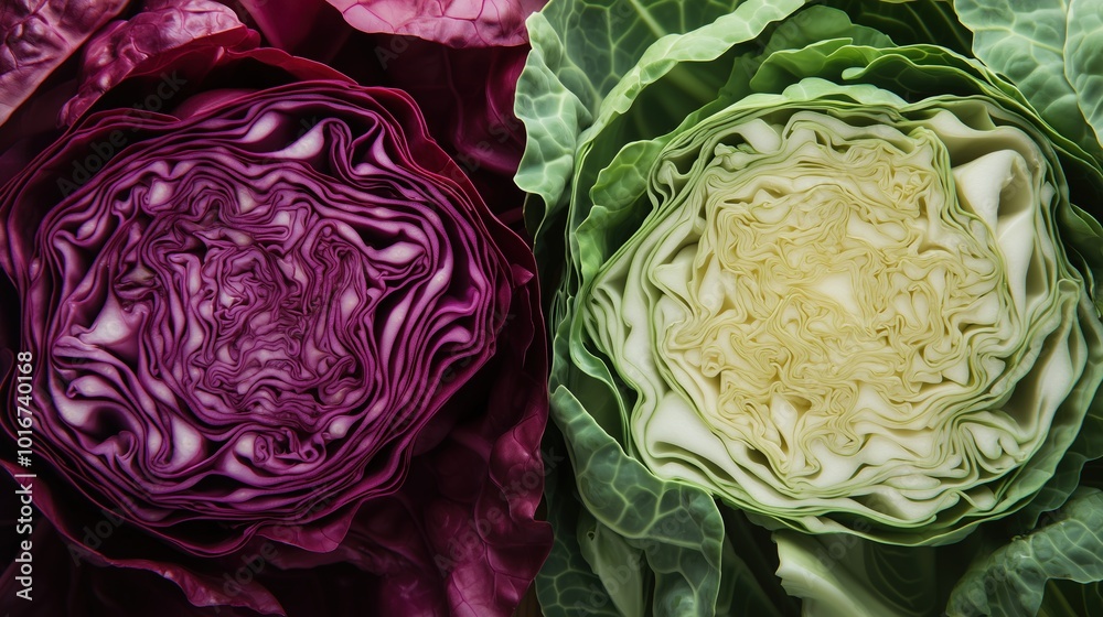 Obraz premium Halved Red and Green Cabbage Display