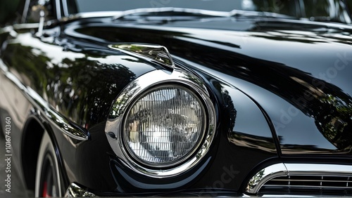Closeup of a vintage car's chrome headlight and sleek black bodywork