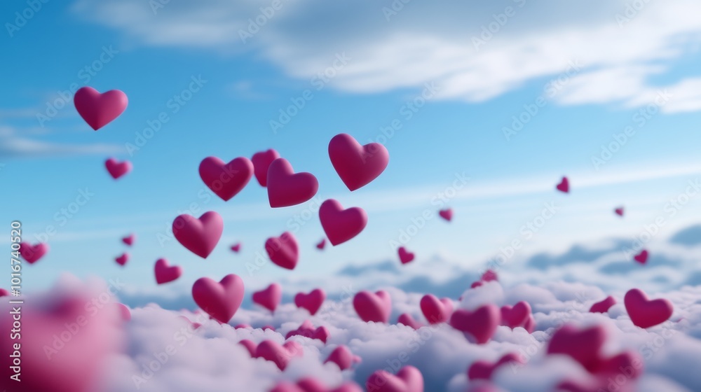 Floating hearts in sky with sunlight and clouds. Floating hearts in sky with sunlight and clouds.
