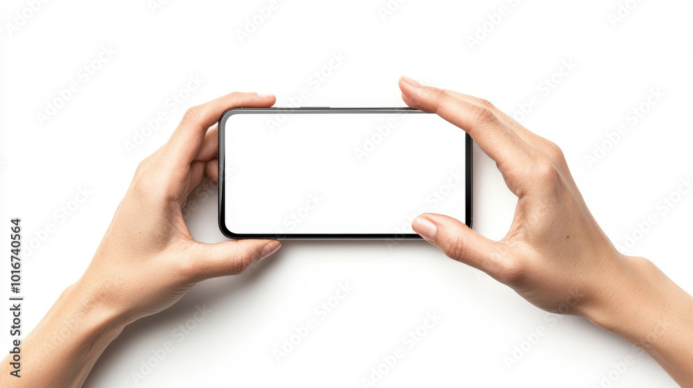 person holding smartphone with blank screen, showcasing minimalist design. hands are positioned carefully, emphasizing devices sleek appearance and potential for creativity person holding smartphone with blank screen, showcasing minimalist design. hands are positioned carefully, emphasizing devices sleek appearance and potential for creativity