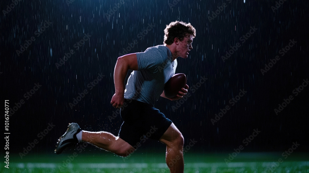 young man runs with determination while holding football in rain, showcasing athleticism and focus on dark field. dramatic lighting enhances intensity of moment young man runs with determination while holding football in rain, showcasing athleticism and focus on dark field. dramatic lighting enhances intensity of moment