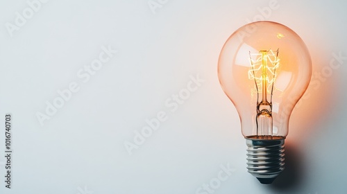 Glowing light bulb on a plain background symbolizing creativity, innovation, and bright ideas with minimalist aesthetic.