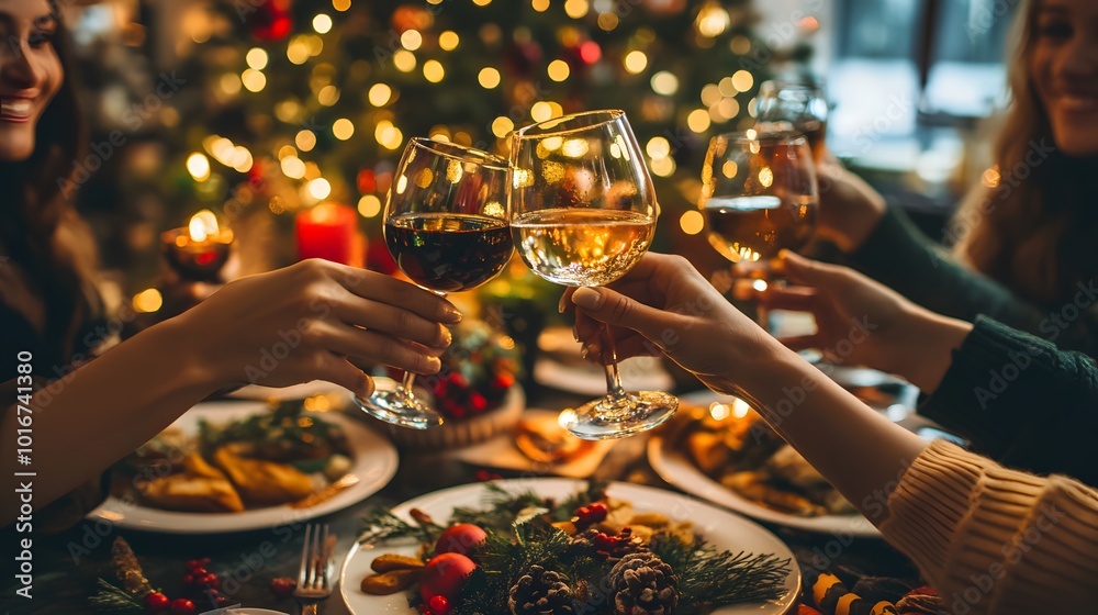 Toasting with Wine at a Festive Christmas Dinner Table Toasting with Wine at a Festive Christmas Dinner Table