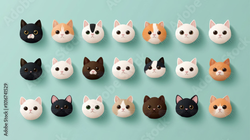 Cute cat faces in various colors and styles arranged in playful pattern, showcasing their unique expressions and features. Perfect for cat lovers and decorative purposes