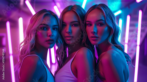 Three young women in vibrant neon lighting posing confidently