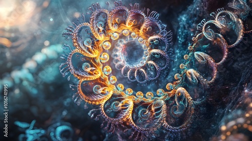 A surreal vision of human DNA magnified, with spirals transforming into intricate mandalas. photo