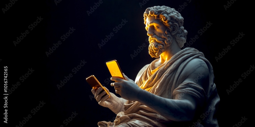 Obraz premium A marble statue of an ancient philosopher holding modern smartphones in a striking blend of old and new. This thought-provoking image explores the intersection of tradition and technology. AI.