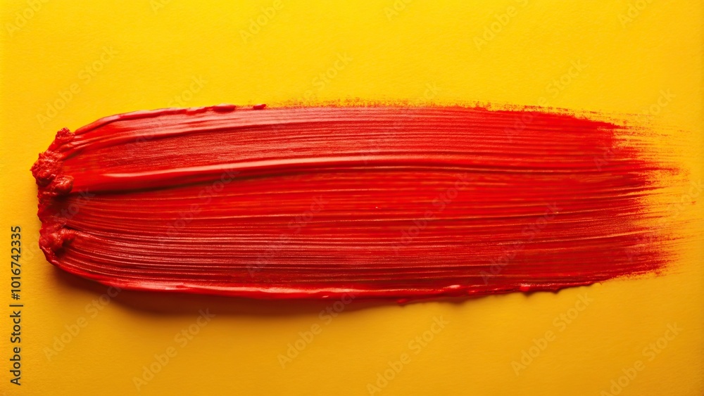 Abstract brush stroke of red paint on yellow background with shallow depth of field