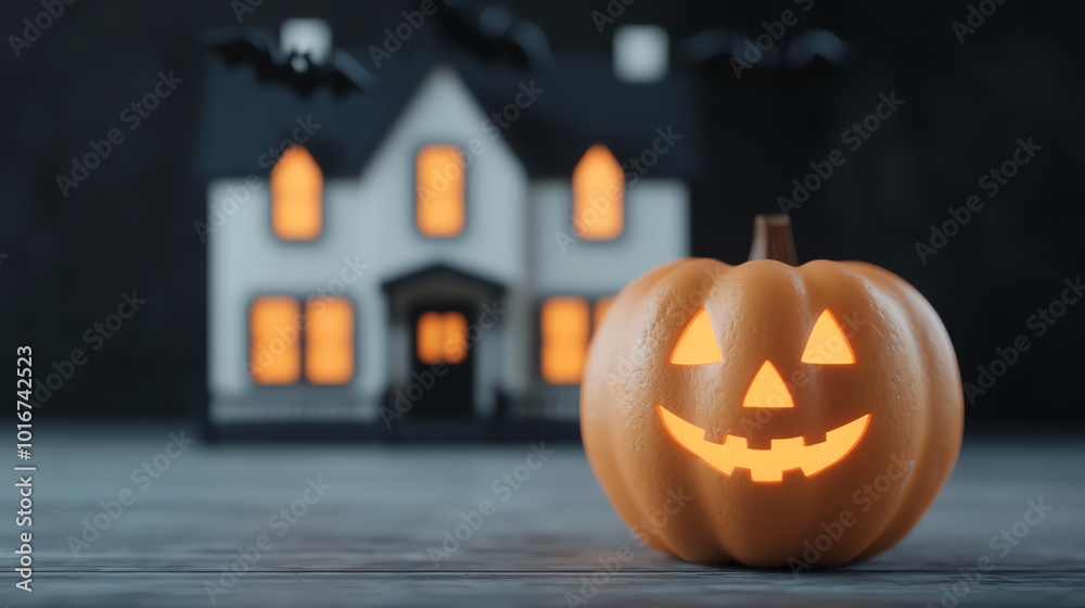 A glowing pumpkin sits in front of a spooky house, capturing the essence of Halloween with its festive and eerie charm. A glowing pumpkin sits in front of a spooky house, capturing the essence of Halloween with its festive and eerie charm.