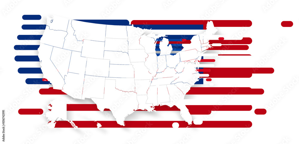 Obraz premium map and shape of the flag of USA as rounded lines as horizontal stripes, outline silhouette, United States of America symbol icon design, flat-style, blue red striped