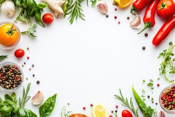 Fresh herbs and spices framing white background for food photography